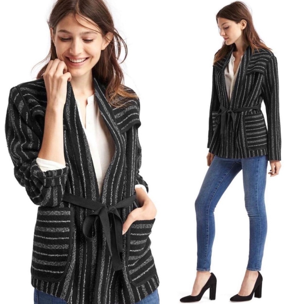 GAP Black Open Front Striped Wool Blend Wrap Coat